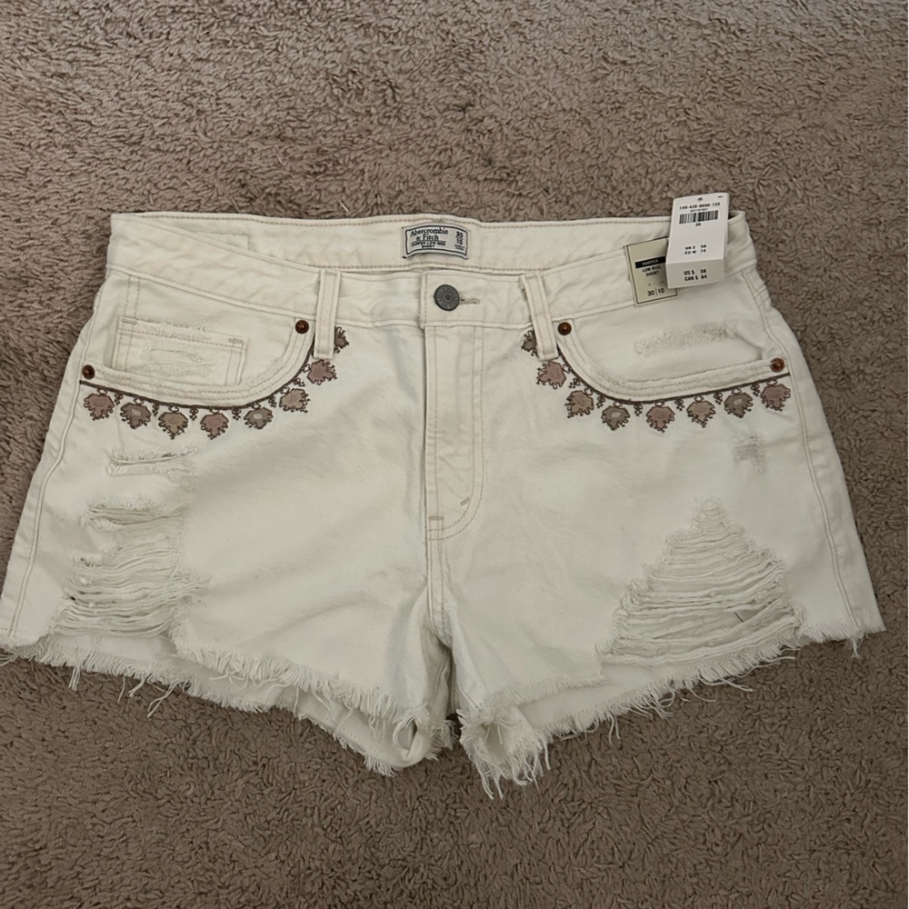 Abercrombie & Fitch Cream Denim Embroidered Jean Shorts